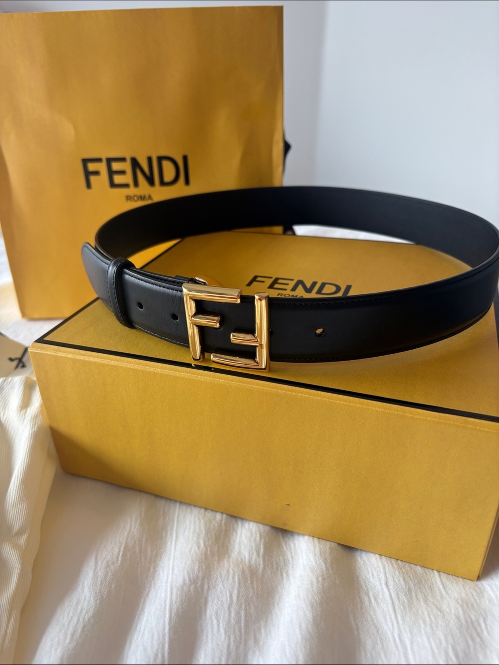 Fendi Black Leather Belt with Gold Double F Buckle